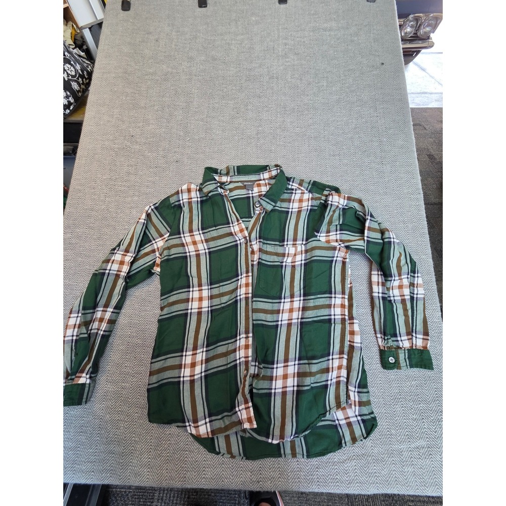 Eddie Bauer Flannel Shirt Women Large Green Plaid Long Sleeve Collared Button Up